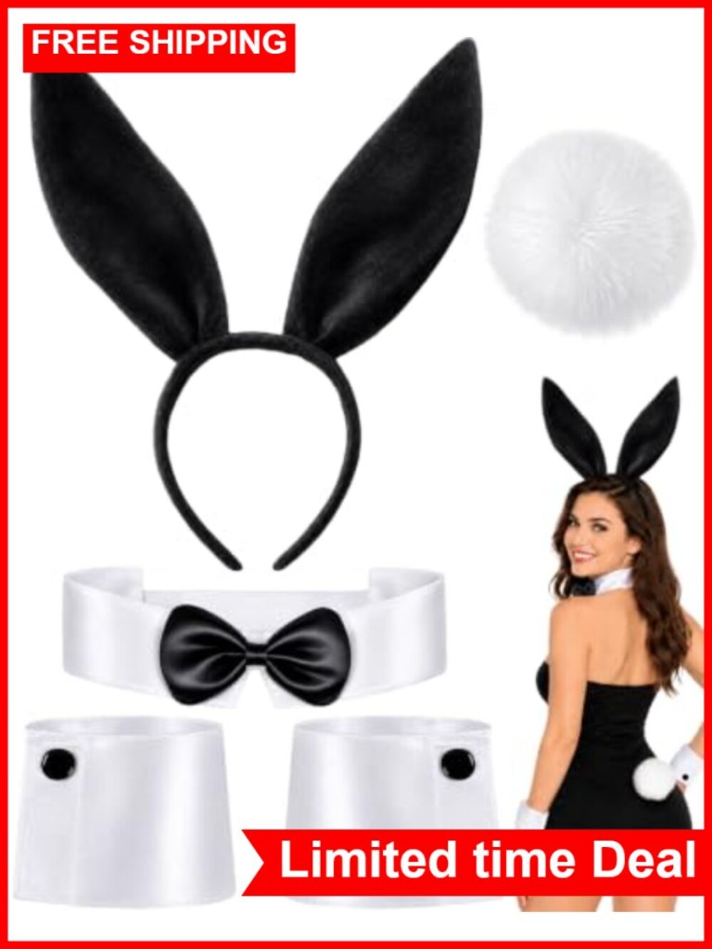 Bunny Ears and Tail Set 5 PCS Halloween Costume Accessory Kit